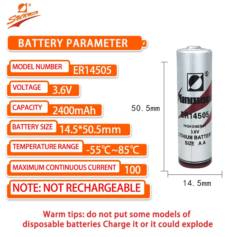 Sunmoon ER14505 Add 51005 Plug 3.6V Lithium Battery IC Card Intelligent Water Meter Patrol Rod Flowmeter Non-rechargeable