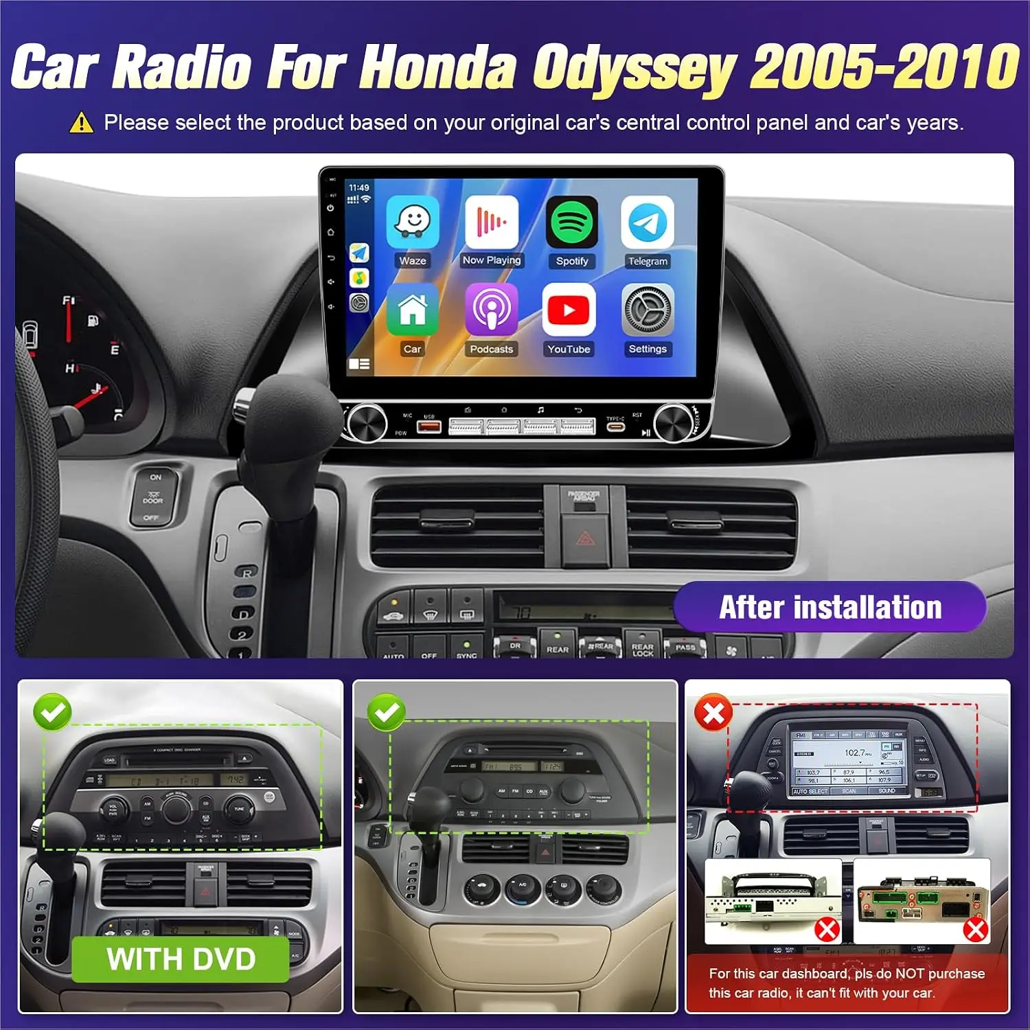 8 CORE 4+64G Car Radio for Honda Odyssey 2005-2010 Stereo Apple Carplay & Android Auto, 10.1