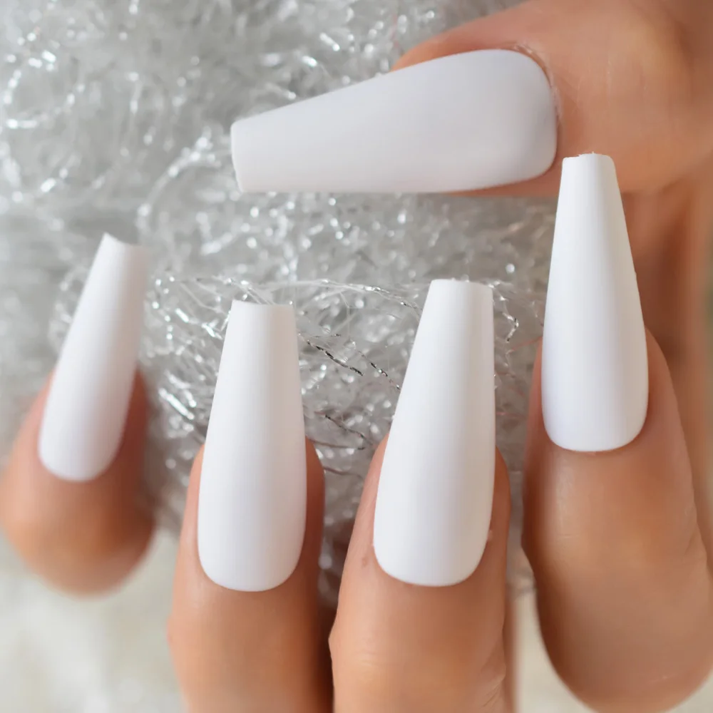 Super Long Fake Nails Coffin Matte White Press on Nails Ballerina Acrylic False Nails Tips Cosplay Party Salon Office Lady Girls