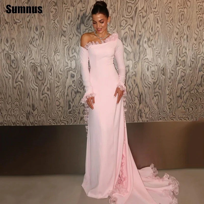 

Sumnus Elegant Pink Mermaid Evening Dresses One Shoulder Ruffle Long Sleeves Formal Gala Dress Maxi Prom Dresses 2026 Customized