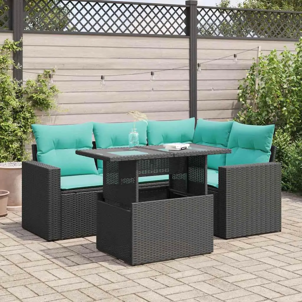 

5 Piece Outdoor Patio Sofa Set Cushions Black Rattan Acacia Furniture Garden Lounge