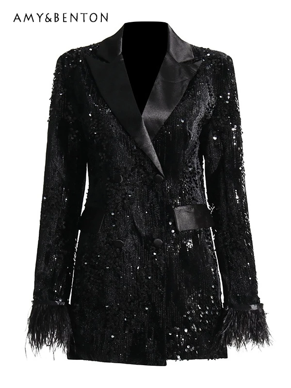 

Temperament Socialite Suit Jacket Women Autumn High Sense Black Heavy Industry Sequin Slim Patchwork Feather Long Sleeve Jackets