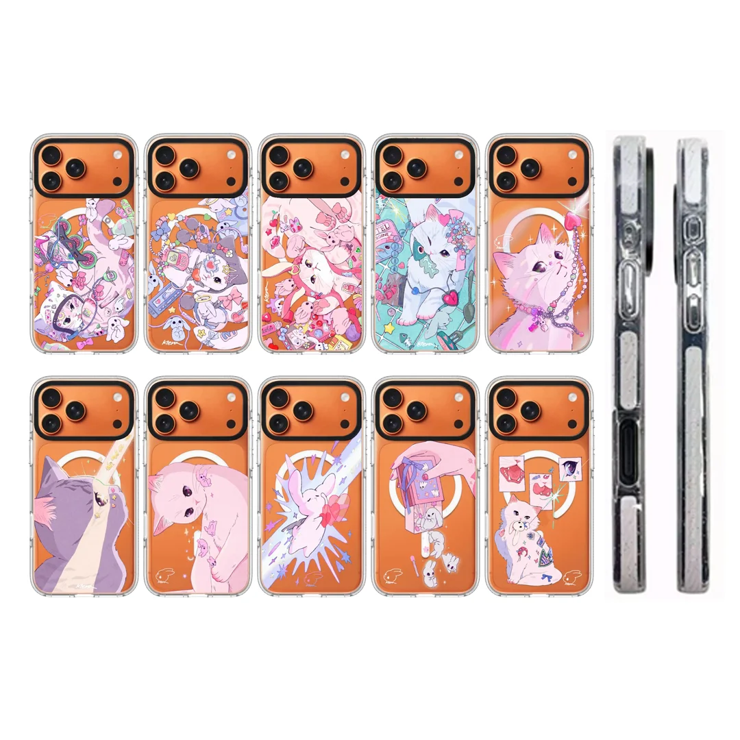 Funda de teléfono con borde blanco acrílico con diseño de gato rosa para IPhone 12 13 14 15 16 17 Pro Max, funda para IPhone 17 Air
