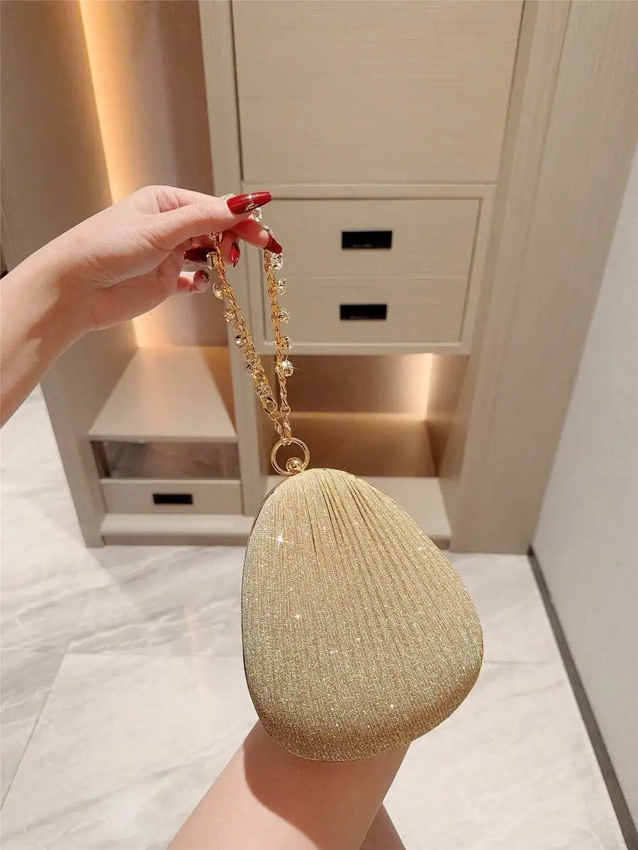 

Gold Metallic Crinkle Box Clutch Evening Handbag With Crystal Chain For Party Wedding Prom