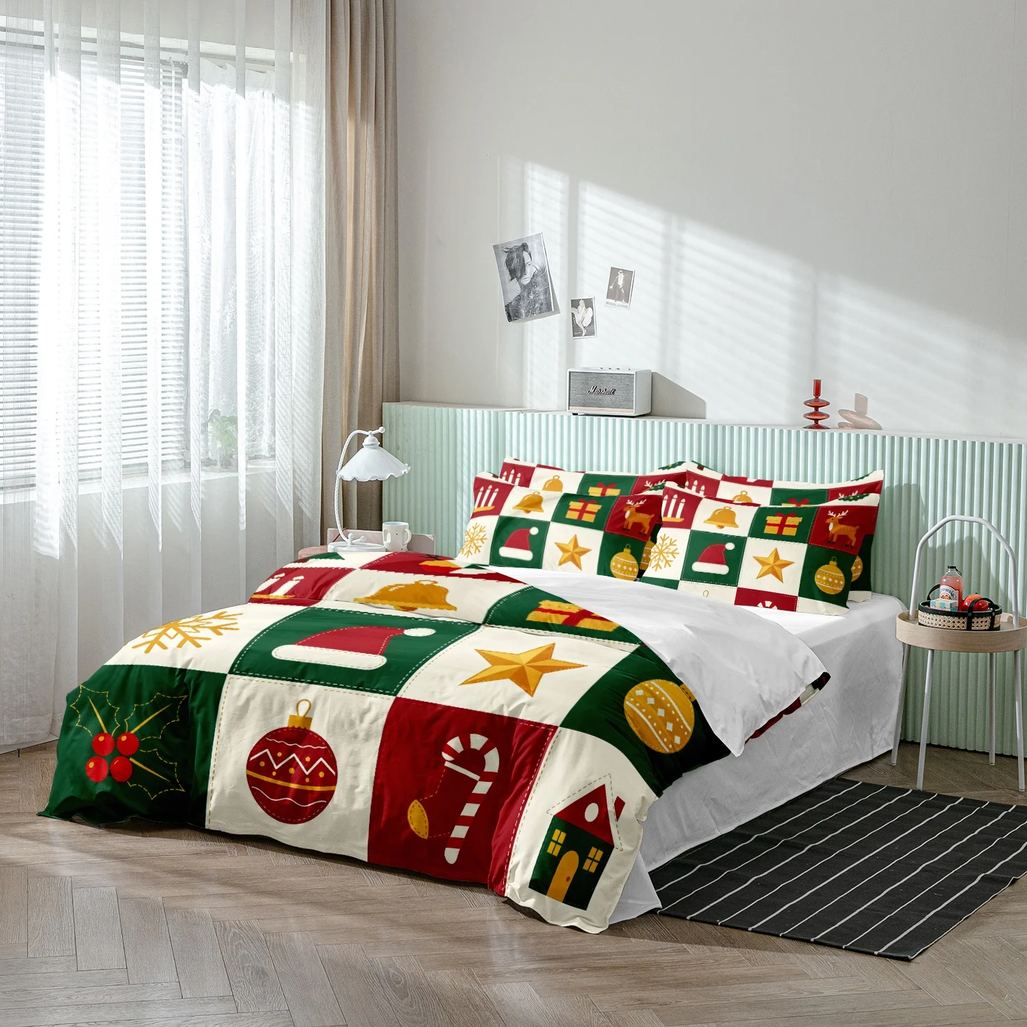 3Pcs Red Green White Grid with Santa Hat Bell Snowflake Candy Cane Holly Print Duvet Cover Set, Geometry Christmas Print Bedding