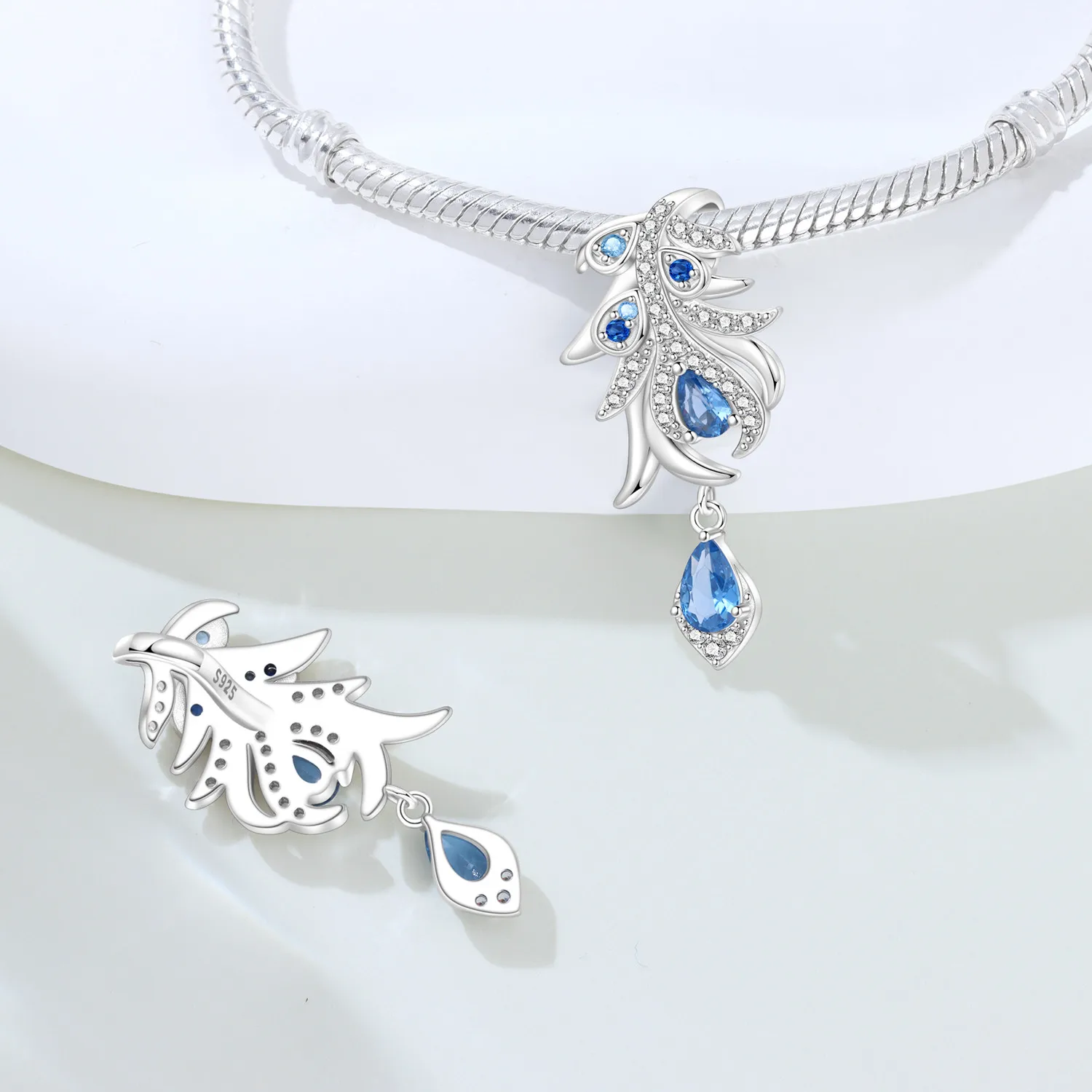 PANPOKI 925 argent Sterling plume bleue symbole chanceux perles pendentifs originaux Bracelet breloque bijoux fête bricolage cadeaux à la mode