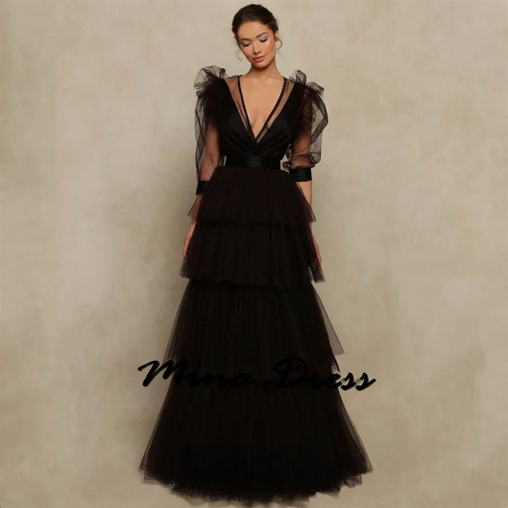 

Mina Customized Layered Royal Engagement Dress Es Backless Elegant Party Dresses for Women Luxury V-neck Shirt Sleeves Ribbon