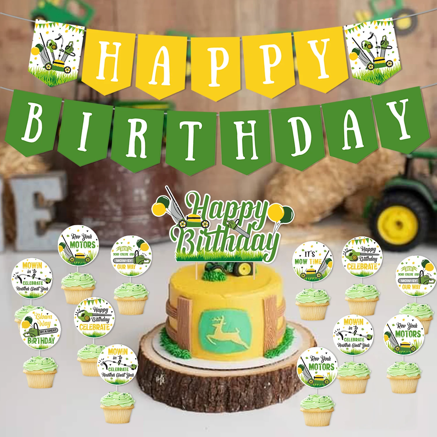 Imagem -02 - Lawnmower Birthday Party Decor para Meninos Fundo do Cortador Banner Feliz Aniversário Trator Cupcake Toppers Fontes do Partido Temático Fazenda