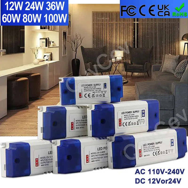 

LED Low-voltage Transformer AC 110-240V to DC 12V/24V 12W 24W 36W 60W 100W Switching Power Supply for Lights Strips R23
