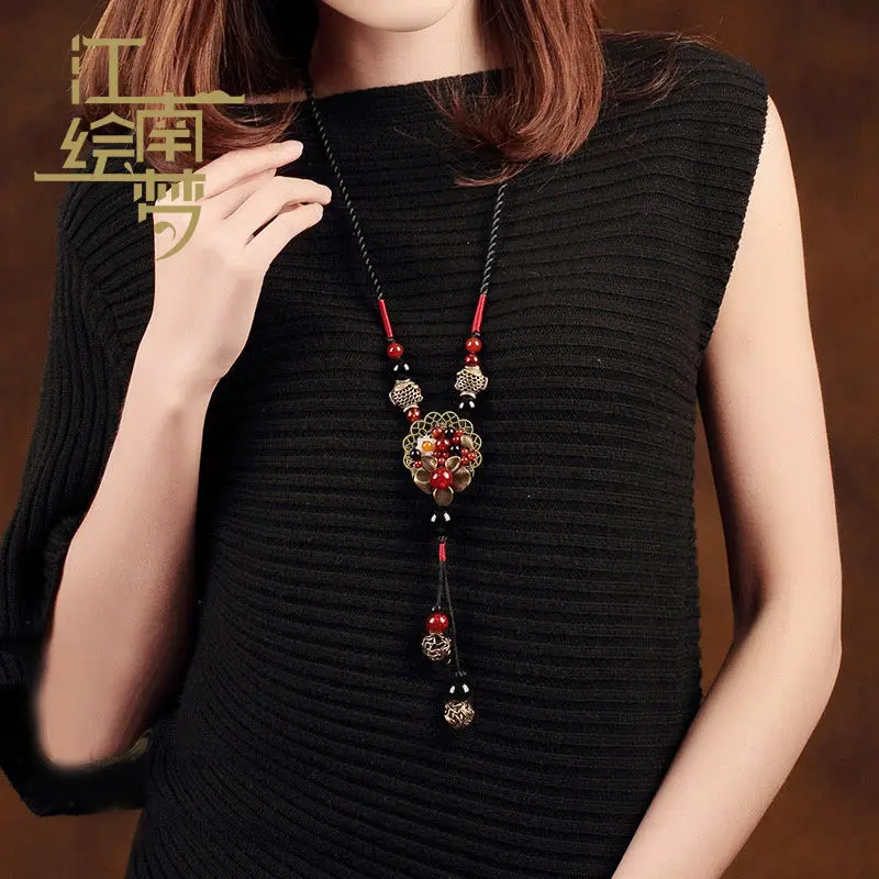 Necklace Long High-End Second-Daughter Pendant Woven Antique Ethnic Style Sweater Chain Atmospheric Cotton And Linen Decoration