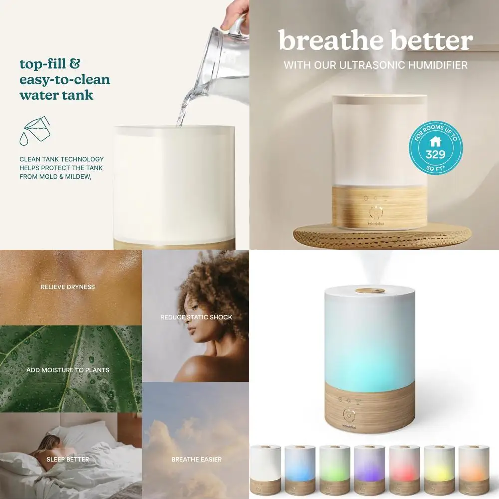 

Ультразвуковой увлажнитель воздуха с 8-цветной ночной подсветкой, баком с верхним заливом на 0,66 галлона, 24-часовым режимом работы, 3 режимами распыления, функцией ароматерапии, автоматическим отключением.