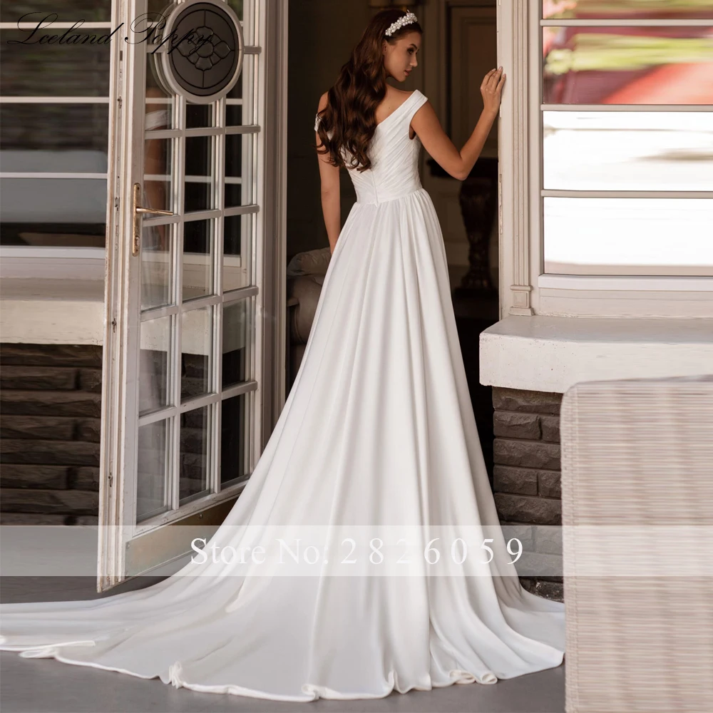 Lceland Poppy Customized A Line V Neck Pleated Satin Wedding Dresses Sleeveless Bridal Gowns with Court Train