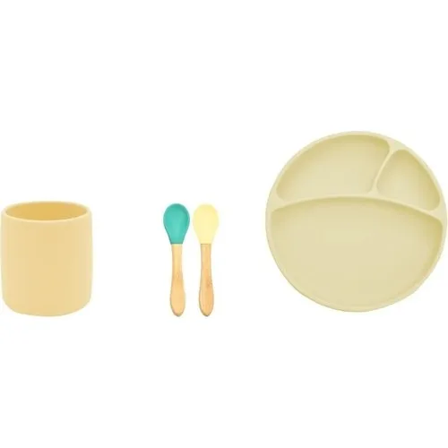 OiOi Silicone Dish + Bamboo Handle Spoon 2'li + Cup Set-Yellow