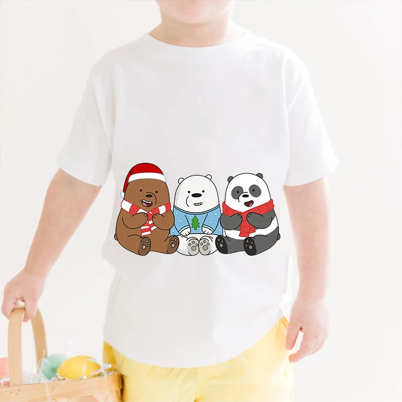 T-shirt dziecięcy z nadrukiem We Bare Bears Letni dziecięcy bawełniany biały top z krótkim rękawem, odpowiedni dla chłopców i dziewcząt