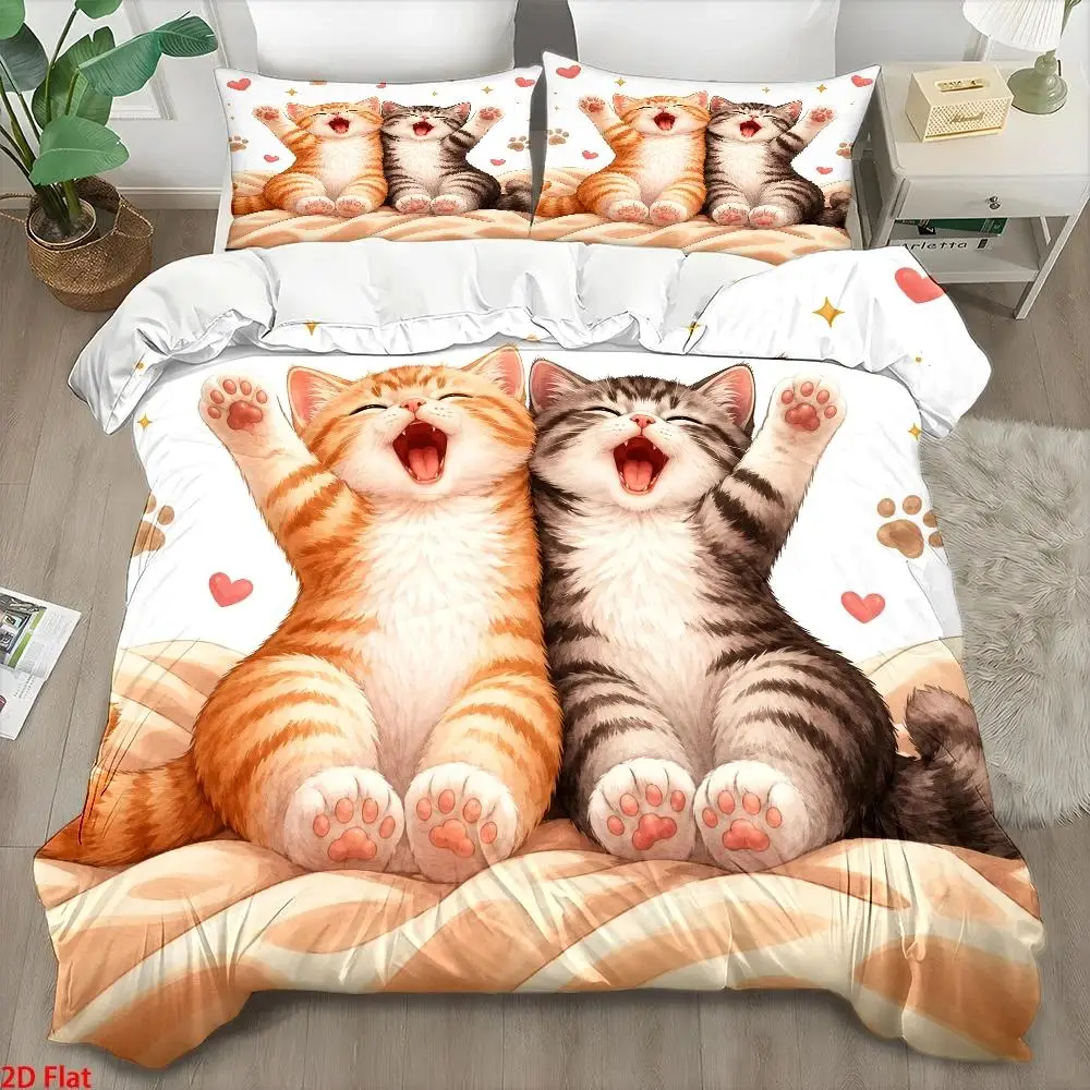 3Pc Cute Cat Print Duvet Cover Set, Three-Piece Bedding Set (1*Duvet Cover + 2*Pillowcases), Skin-Friendly Breathable Polyester Woven Bedding, Nordic Style Double Bedding, Soft and Comfortable All-Season Bedspread, Invisible Zipper Anti-Wrinkle Easy-Clean Bed Cover, Cozy Home Bedroom Decor Set, Machine Washable Durable Student Dormitory Bedding, Modern Minimalist Light Luxury Bedding Set, Large Duvet Cover Set for Home Master Bedroom and Guest Room, Quilted