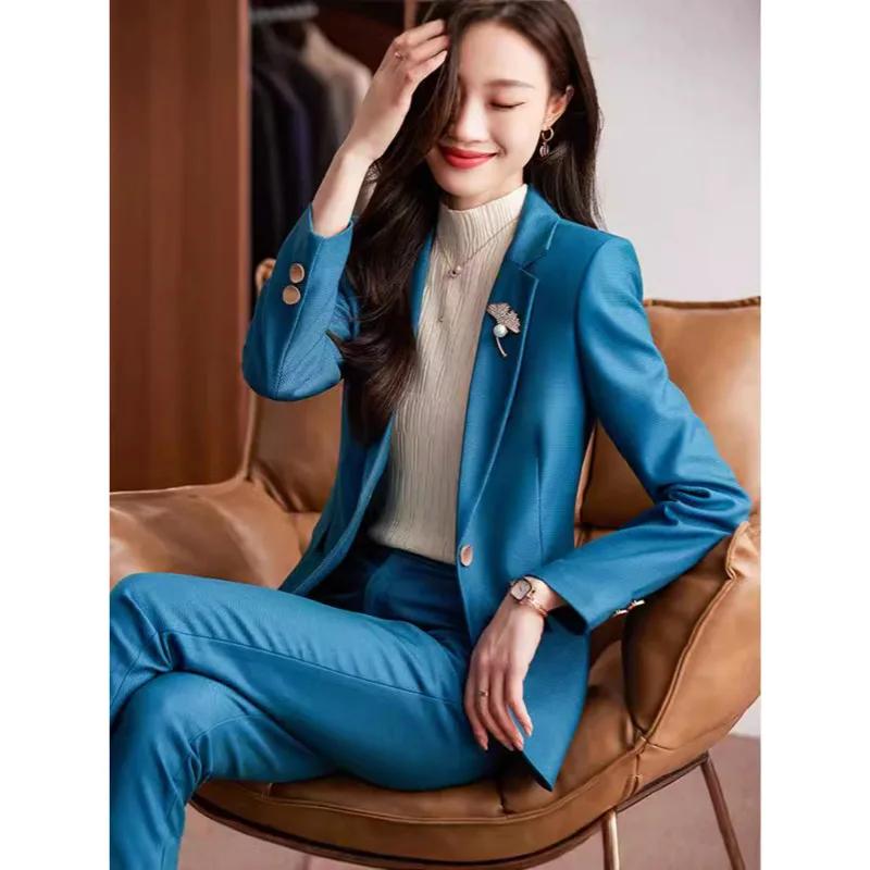 

[Vibe] Office Lady Blazer Pants Sets Women's Trousers Suit Elegant Conjuntos Para Mujeres 2 Piezas Work Outfit Blue 2025 Spring