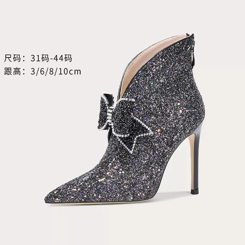 Autumn and Winter Pointed Head Sequins Rhinestone Bowknot Short Boots Slim High Heels Banquet Dress Large Small Single Shoes