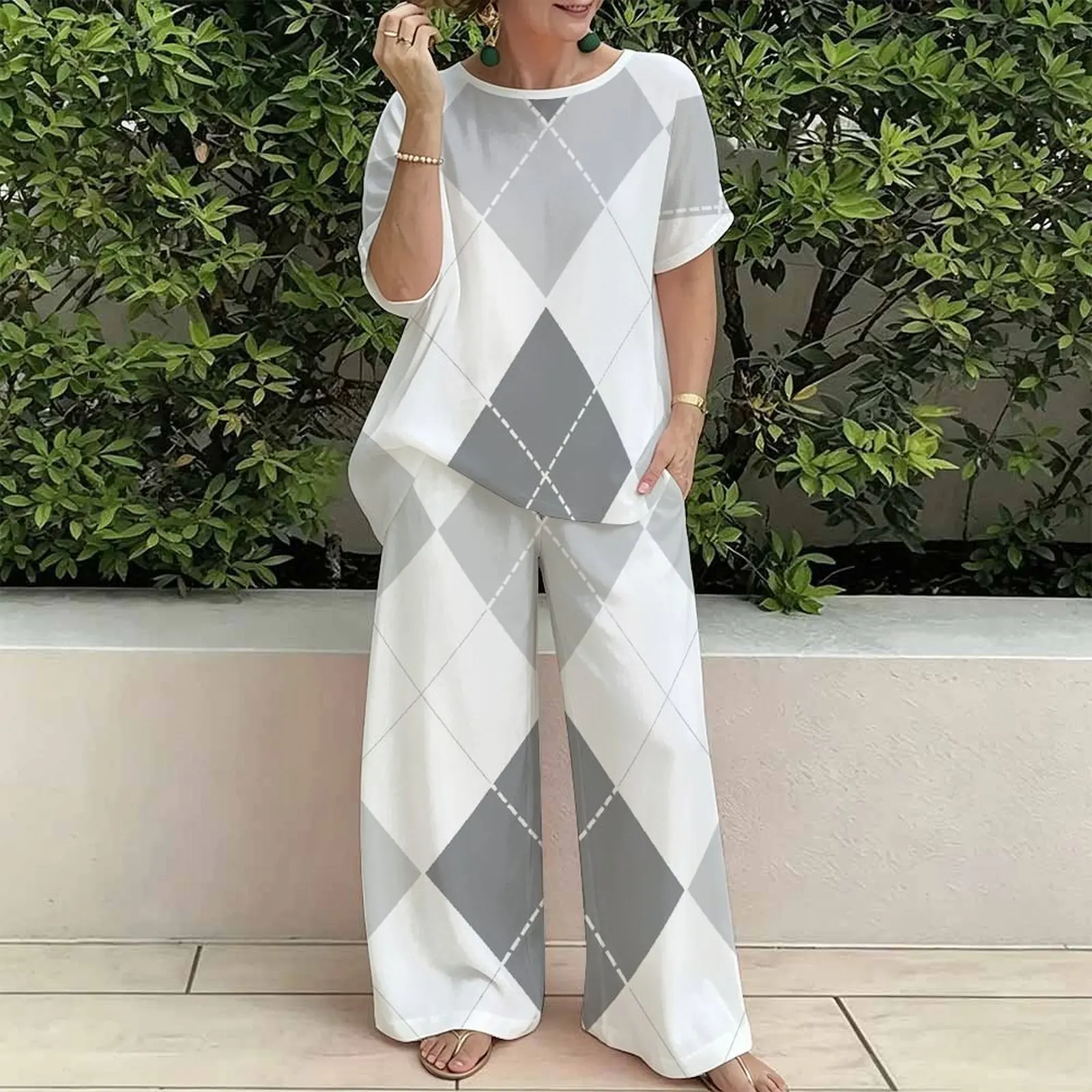Plus Size Women Casual Print Two Piece Set Round Neck Everyday Commuting Clothes Beach Vacation Sweatpants