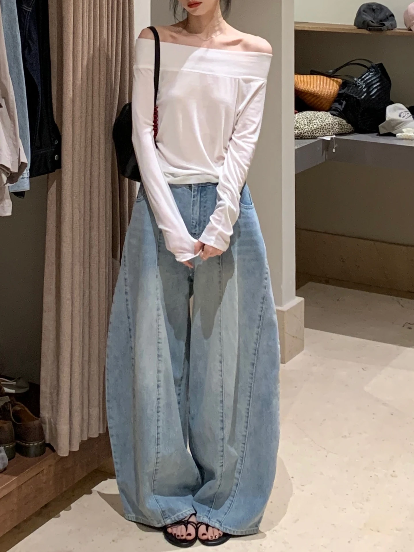 

High Waist Blue Knife Denim Jeans Women's Loose Fit Spring New Sle Casual Pants Tummy Covering Slimming Effect