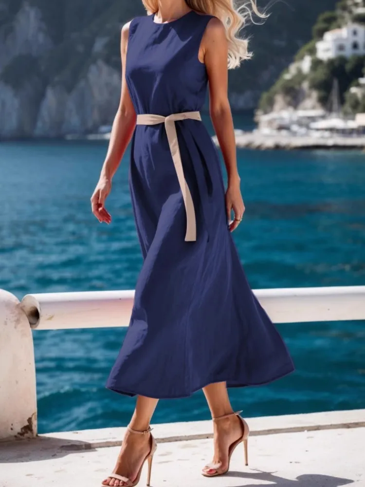 แฟชั่นฤดูร้อนใหม่สีทึบเอว Tie ความยาวปานกลางชุดผู้หญิง Elegant รอบคอแขนกุดชุดเดินทาง