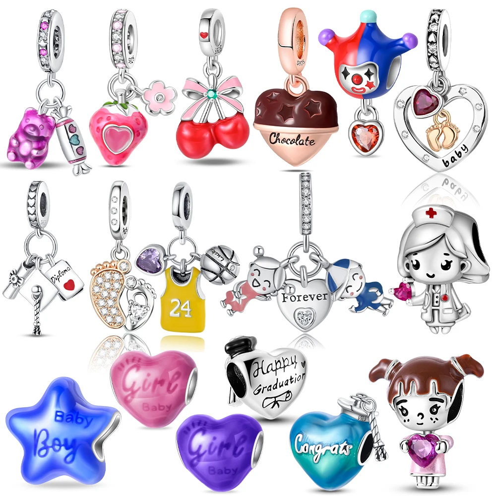 Abalorios Originales de Plata de Ley con Diseño de Oso Enfermera Dulce, Cereza y Chocolate, Compatibles con Pulseras, Bolsos y Llaveros, Accesorio de Regalo DIY para Mujer
