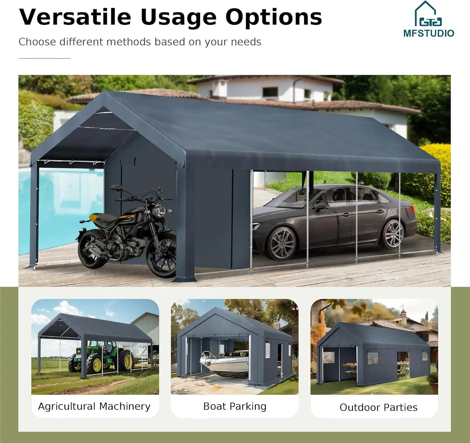 Mfstudio 13'X24' Heavy Duty Carport, Extra Large Portable Garage Shelter, Outdoor Car Canopy Tent With Roll-Up Sidewalls And