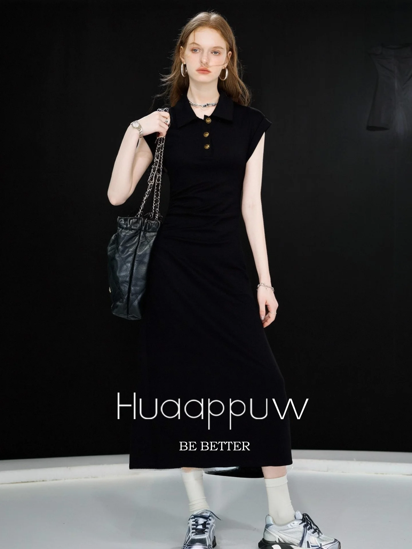 

Huaappuw Black Slimming Casual Dress Women's Summer New Style Fly Sleeve Waist Cinched A-Line Skirt French Style Polyester Co...