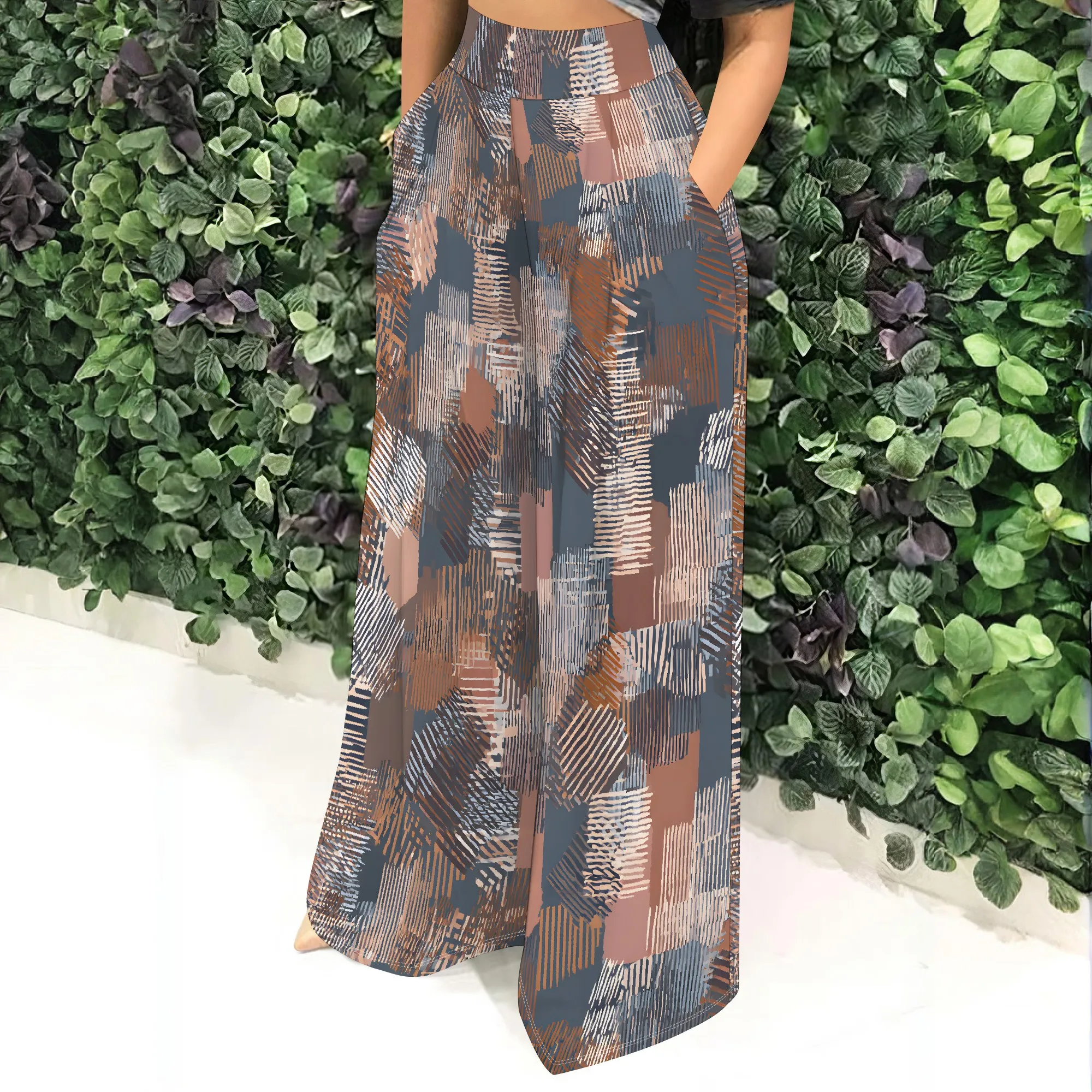 Abstract Printed High Waist Wide Leg Pants, Casual Loose Trousers with Pockets, Artistic Pattern Palazzo Pants for Women, S-2XL