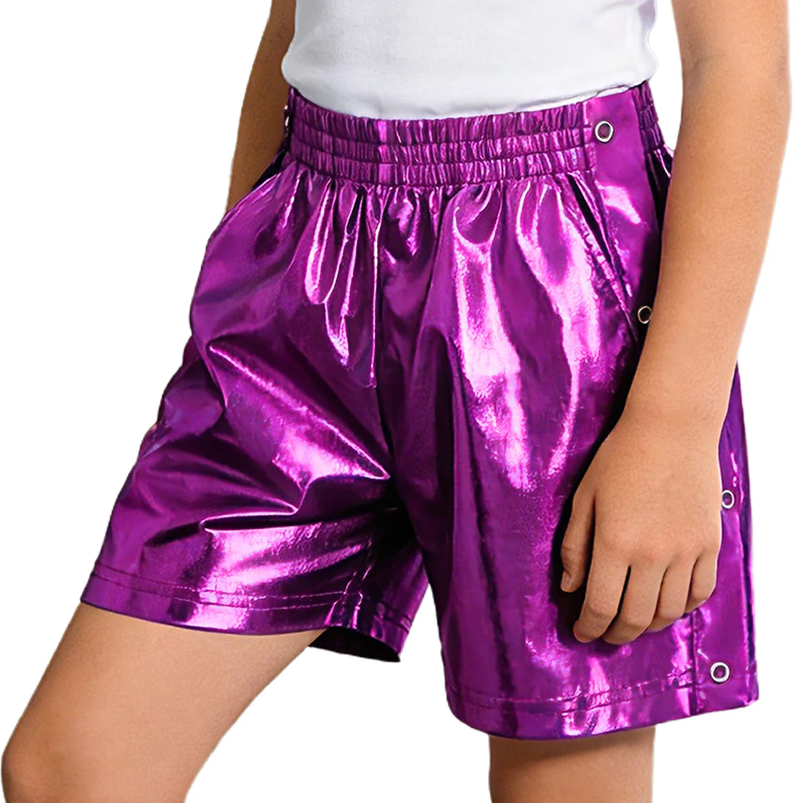 

Kids Metallic Jazz Hip Hop Dance Shorts Elastic Waistband Tear-Away Side Press Button Shorts with Pockets School Party Dancewear