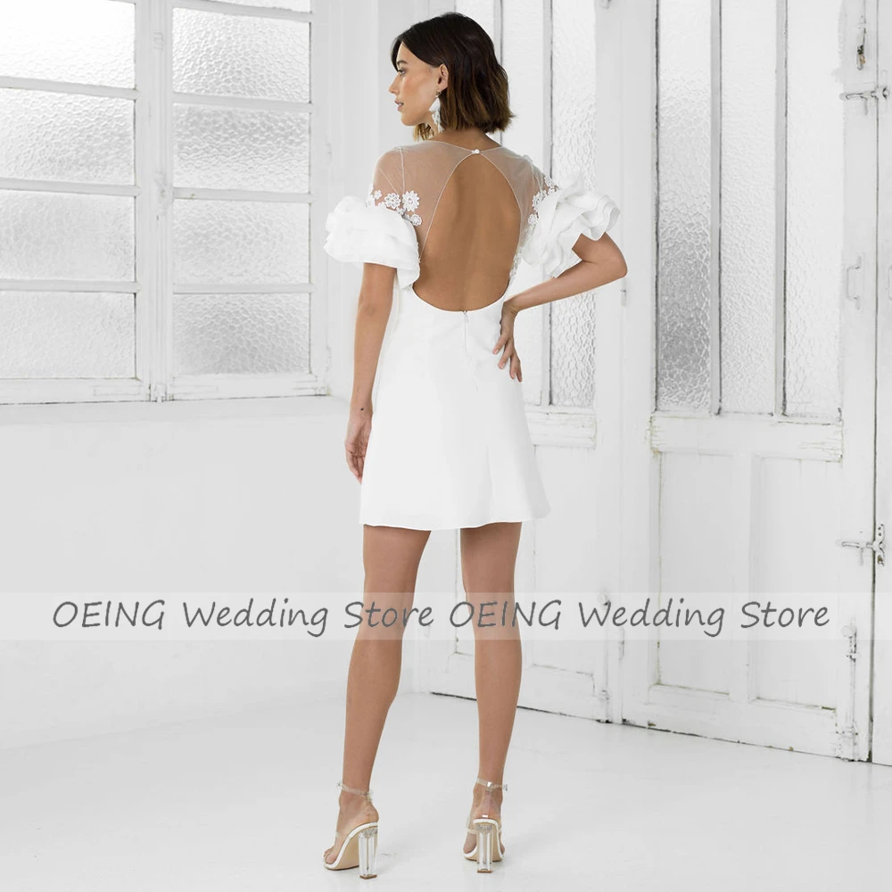 Lace Applique Short Wedding Dress for Women 2023 Bride O Neck Short Sleeve Mini Wedding Gown White Backless Illusion Bridal Gown