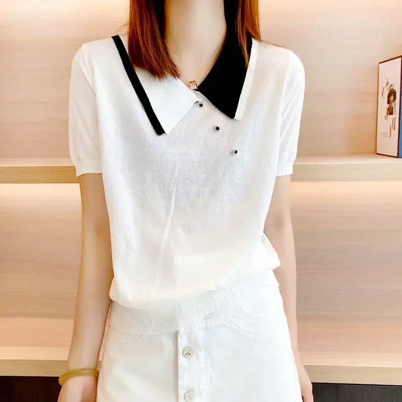 Black Clothing Polo Neck Shirts For Women T-shirt Woman Button Tops Short Sleeve Tee White Offer Trend Popular Youth Aesthetic V