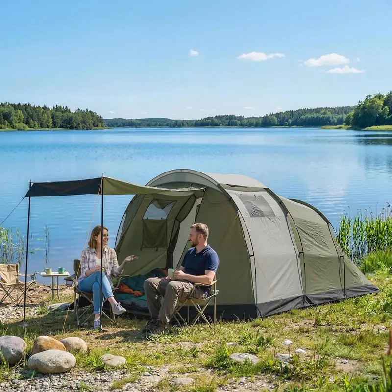 Campingzelt für 3-4 Personen, stabil, Familienzelt mit Schlafkabine, Vorraum, Wohnbereich, grün, strapazierfähig, langlebig, für Garten, Terrasse, Camping, platzsparend