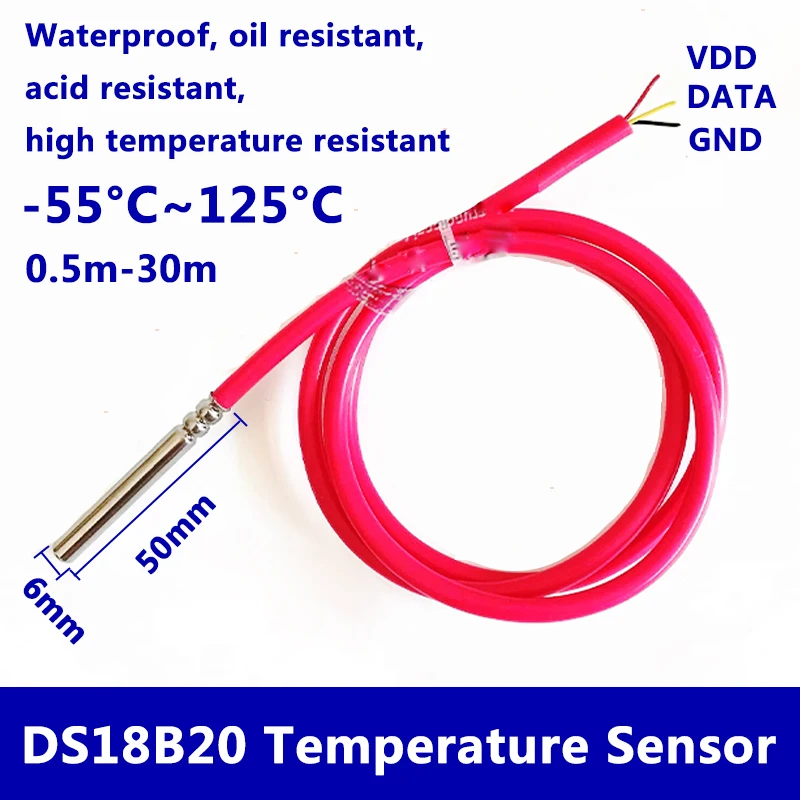 

DS18B20 Waterproof Digital Temperature sensor 6mm * 50mm Stainless Steel Probe 18b20 1m 2m 3m 5m Silicone Cable