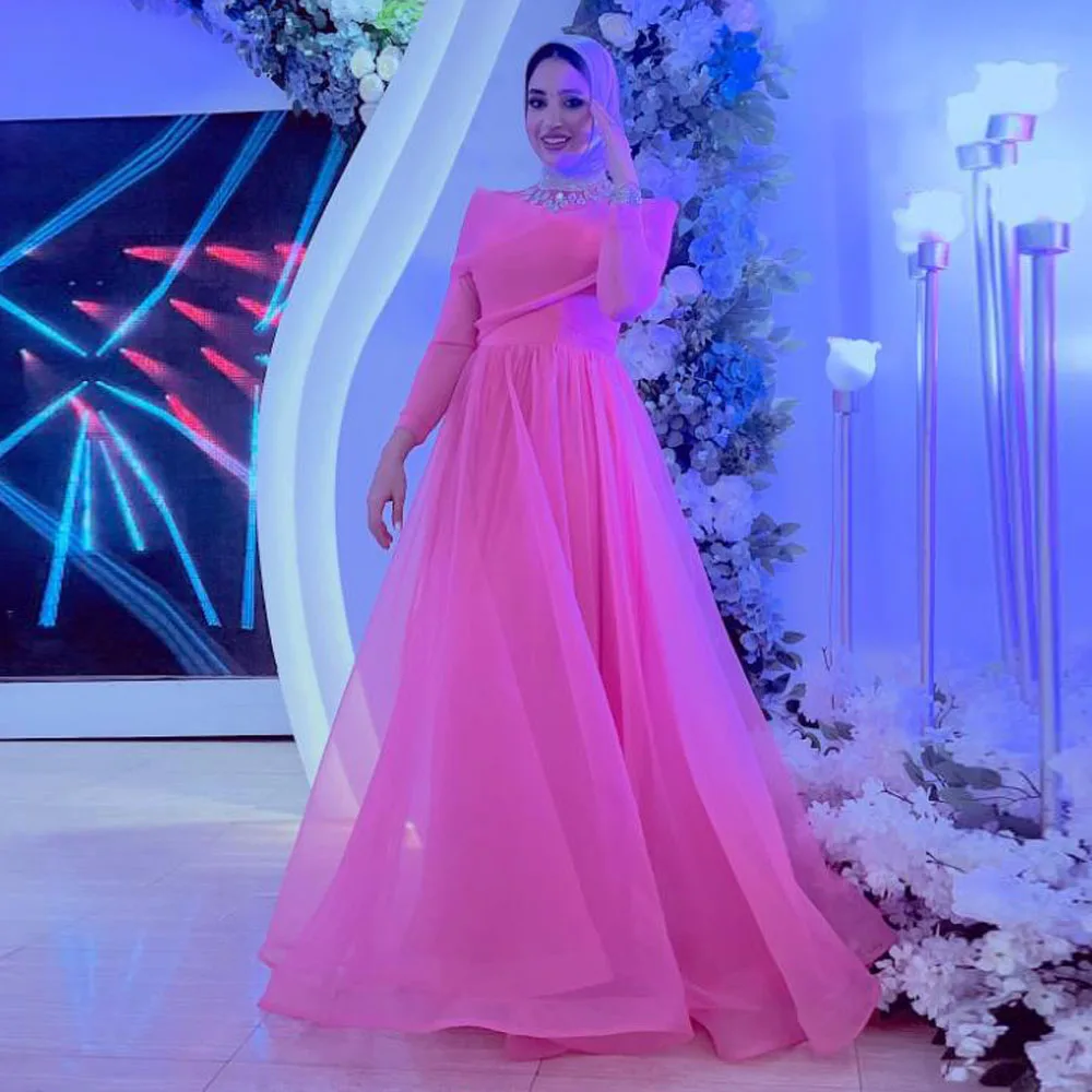 Maßgeschneiderte rosa Soiree-Abendkleider, A-Linie, Tüll, Hijab-Kleid für Frauen, O-Ausschnitt, lange Ärmel, muslimisches Hochzeitskleid