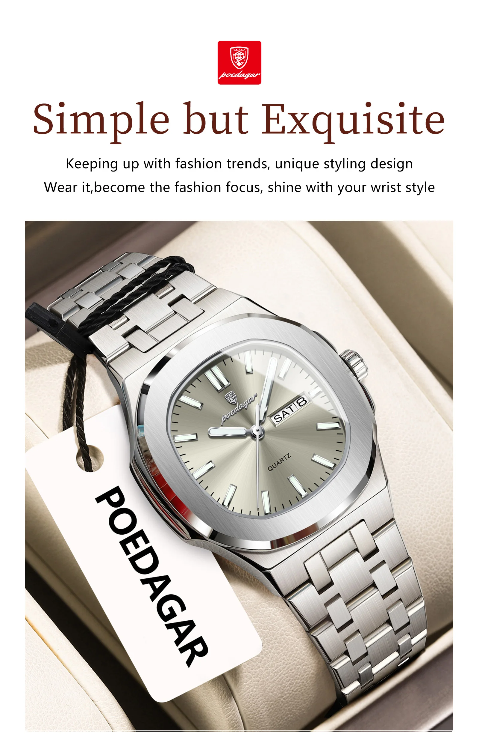 POEDAGAR Quadratische Damenuhr Datum Woche Wasserdicht Leuchtende Damenuhr Edelstahl Quarz Mode Damenuhren Reloj Geschenk – Detail 11