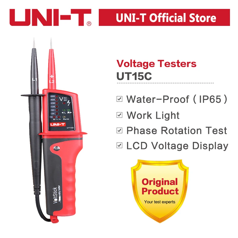 UNI-T Spanningstesters UT18C UT18D UT15C Fasevolgorde Continuïteit Spanningsdetector LCD Display Auto Range IP65 Waterdichte Meter