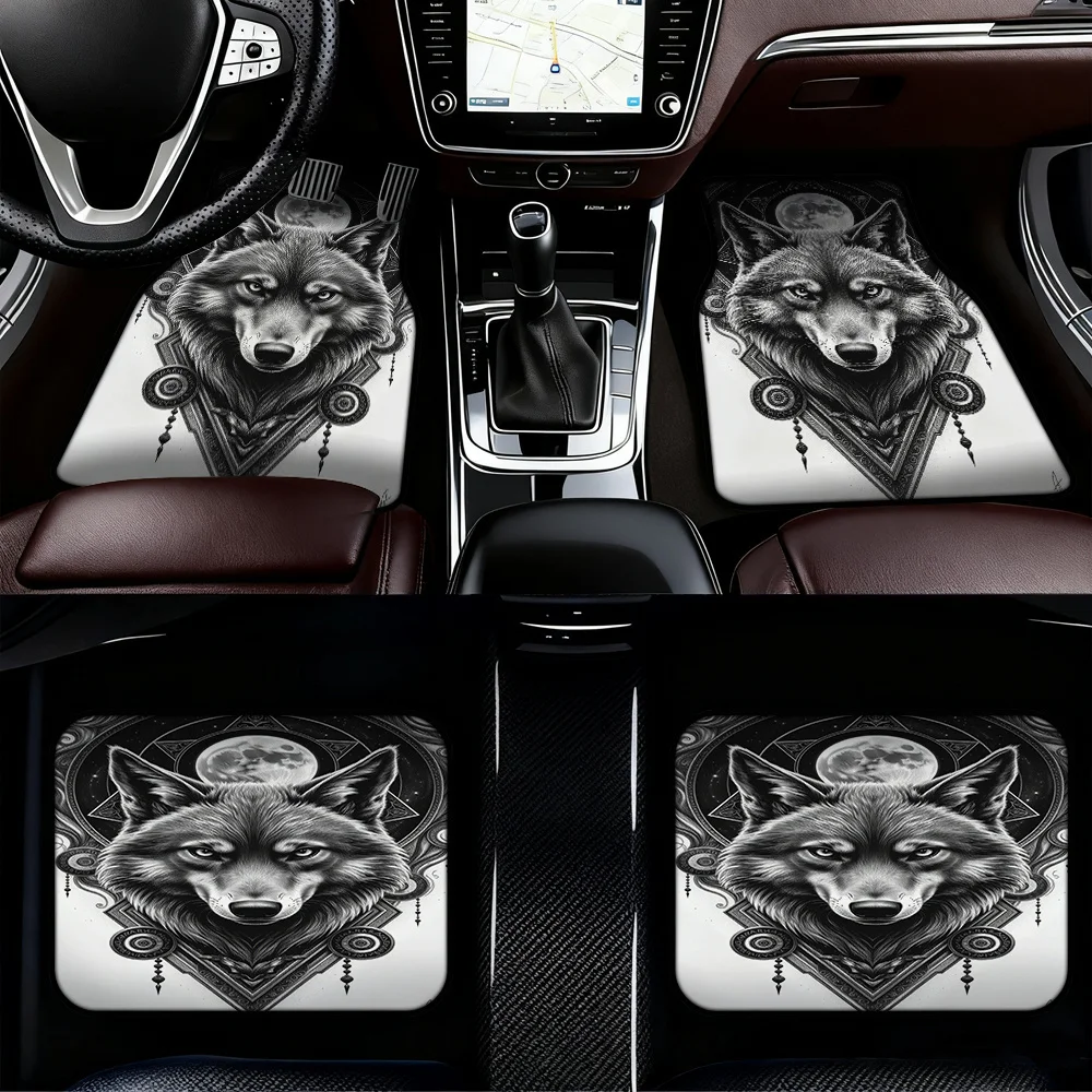 4pcs Wolf Moon Car Mats - Mystical Wolf Art Design, Fit For SUVs & Pickup Trucks, Durable Polyester, Easy-Clean, Stylish Interio