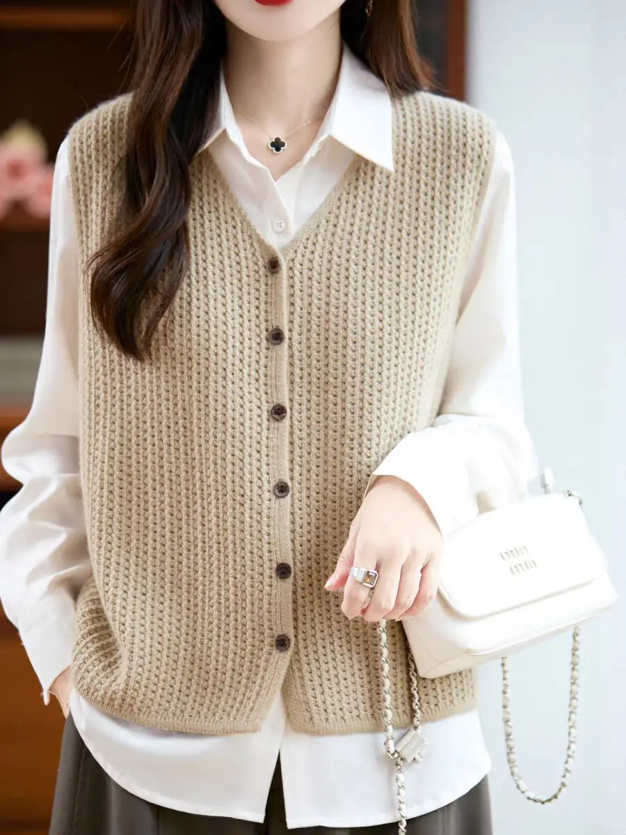 ملابس خارجية جديدة بدون أكمام سترة نسائية محبوكة سترة سوداء على شكل حرف v سترة متماسكة سترة نسائية سترات De Mujer Q1641 #4