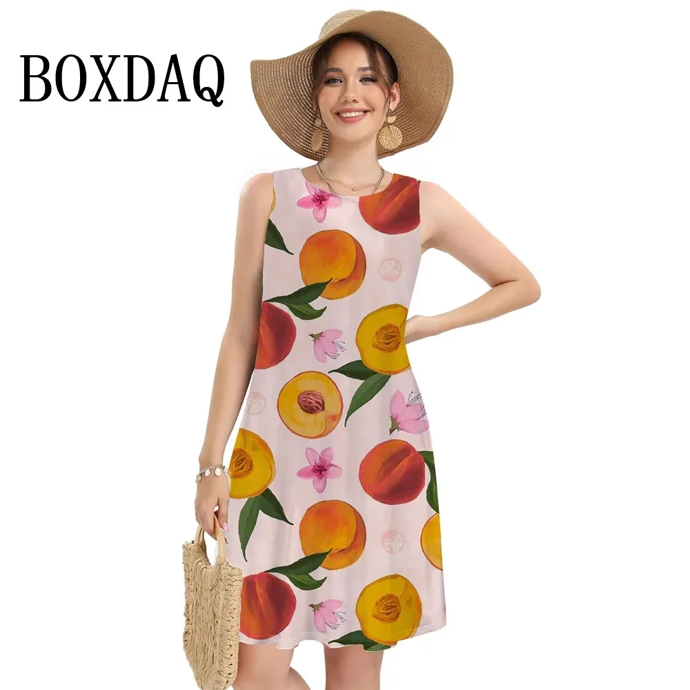 Women Summer Dress Refreshing Fruit Lemon Print Sleeveless Tank Dresses S-3XL Plus Size Knee-Length Beach Short Dresses Casual