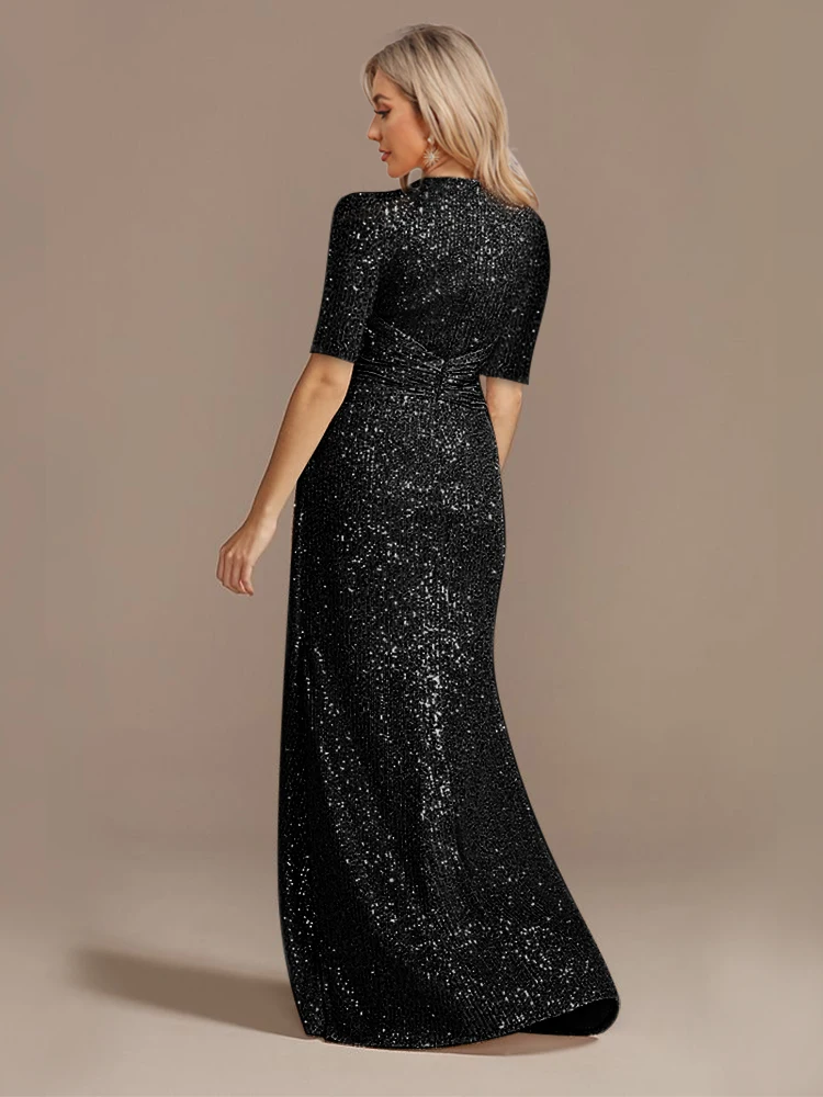 XUIBOL-Robe de Soirée Longue à Paillettes pour Femme, Tenue de Bal Formelle, Manches Courtes, Col en V, Maxi, Luxe, 2024