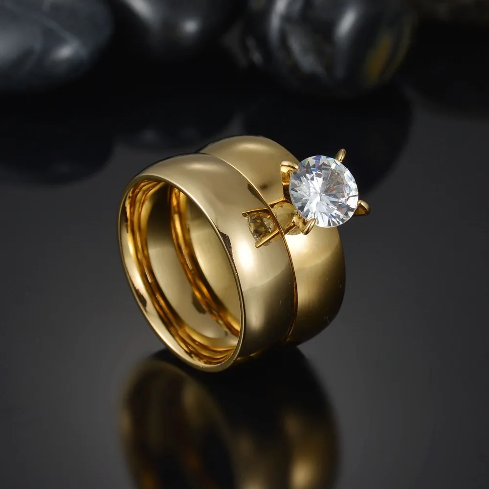 MeMolissa Luxury Clear Stone Crystal Rings For Women Steel Sliver Gold Color Wedding Engagement Couple Jewelry Wholesale