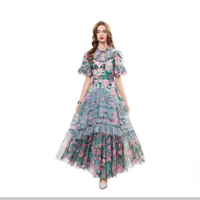 

Summer Banquet Gown with Netting Printed Glitter Layered Hem Dress