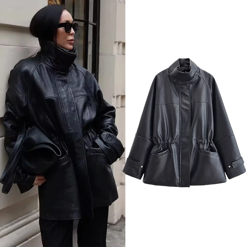 

Women Leather Jacket 2025 Women New Fashion Solid Color Long Sleeves Waist-Cinching Leather Coat Lady Hight Street Leisure Coats