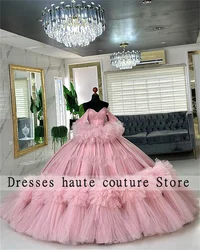 Pink Tulle Ruched Off The Shoulder Quinceanera Dresses Ball Gown 2025 Beaded Crystals Mexican Sweet 16 Dress Customized