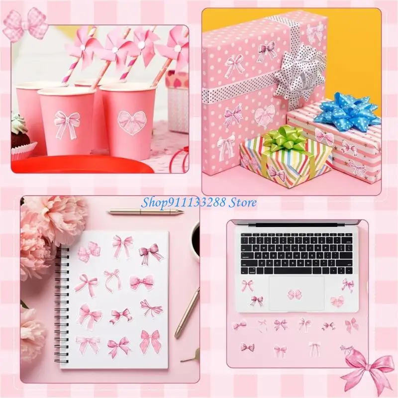 G88D 500 Pcs Adhesive Sticker Pink Bows Seal Sticker Water Bottle Sticker Guitar Decal Gift Box Blessing Sticker