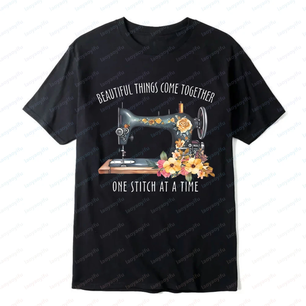 Sewing Hobby T-Shirt Beautiful Things Come Together Floral  Printed Tee Crafting Lover Casual Cotton Tops Retro Women Clothes