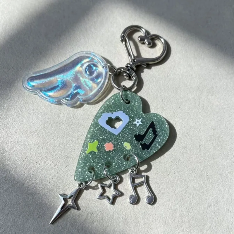 Kawaii Creative Korean Sweet Girl Acrylic Sequins Alloy Bow Heart Wings Pendant Keychain Cute Charm for Bag Purse Keys Earphone