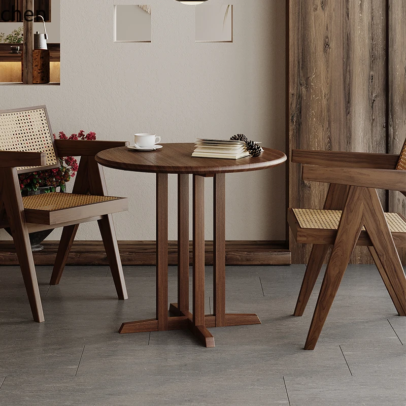 

QZT Solid Wood Living Room Home Balcony Round Dining Table Coffee Table Leisure Negotiation Table and Chair Set