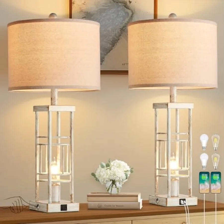 

Настольные лампы для гостиной, комплект из 2 штук, с USB-C и USB-A, с лампочками, 3-режимная регулировка яркости, 27,6 дюйма, в стиле фермерского дома, прикроватные лампы в деревенском стиле