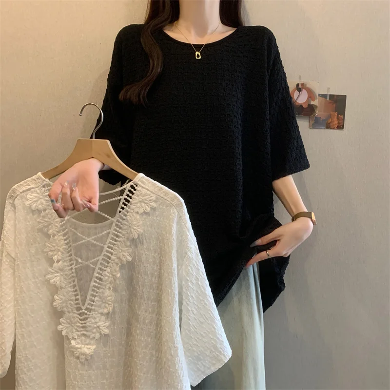 T-shirt da donna O-Collo ampia senza schienale manica corta T-shirt eleganti e chic T-shirt francese Abbigliamento taglie forti abbigliamento donna